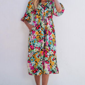 Green Floral Puff Sleeve V Neck Tassel Drawstring Dress