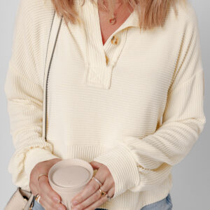 Apricot Corded Texture Lantern Sleeve Buttons Henley Sweatsuit