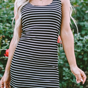 Black Stripe Ribbed Knit Sleeveless Mini Dress