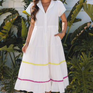 White Colorblock Rickrack Trim Short Sleeve Drawstring Waist Long Dress