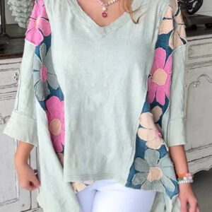 Green Flower Patchwork Exposed Seam Oversized High Low Top