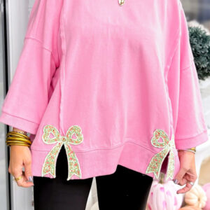 Pink Floral Bow Patched Exposed Seam Patchwork Slit Baggy Sweatshirt