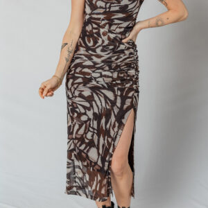 Brown Abstract Print Mesh Cowl Neck Cap Sleeve Ruched Midi Dress with Slit