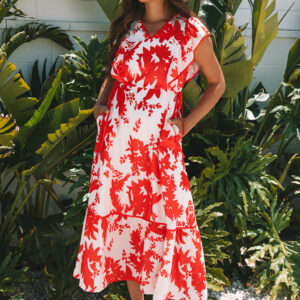 Red Floral Print Trimmed V Neck Ruffle Sleeve Long Dress