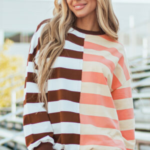 Brown Stripe Color Block Drop Shoulder Pullover Sweatshirt