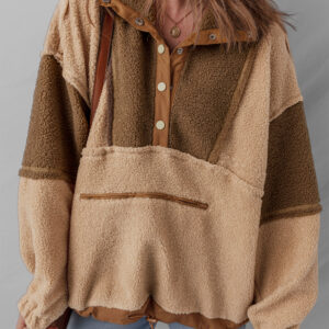 Straw Yellow 2-tone Color Block Patchwork Half Button Sherpa Sweatshirt