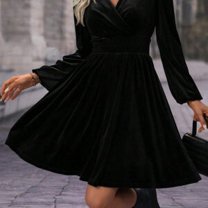 Black Velvet Long Sleeve Surplice High Waist Mini Dress