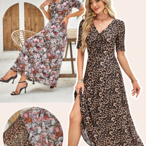 Brown Mesh Leopard Floral Reversible V Neck Short Sleeve Dress