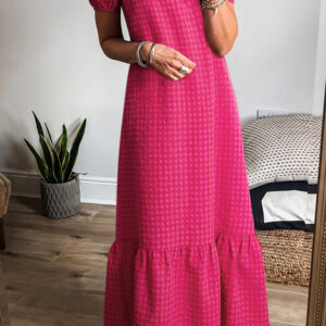 Rose Ginham Check Bubble Sleeve Ruffled Maxi Dress
