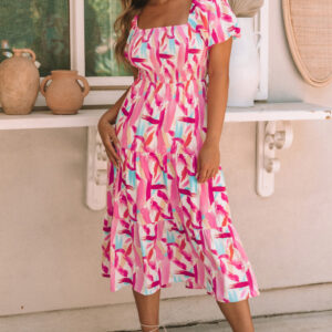 Pink Brush Stroke Printed Smocked Ruffle Tiered Dress