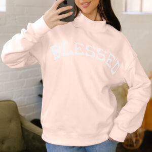 Light Pink Oversize Blessed Embroidered Mock Neck Sweatshirt