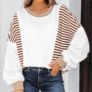 Brown Stripe Colorblock Patchwork Contrast Stitching Oversize Sweatshirt