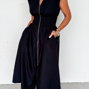 Black Sleeveless Zipped Front V Neck Shirred Waist Maxi Dress