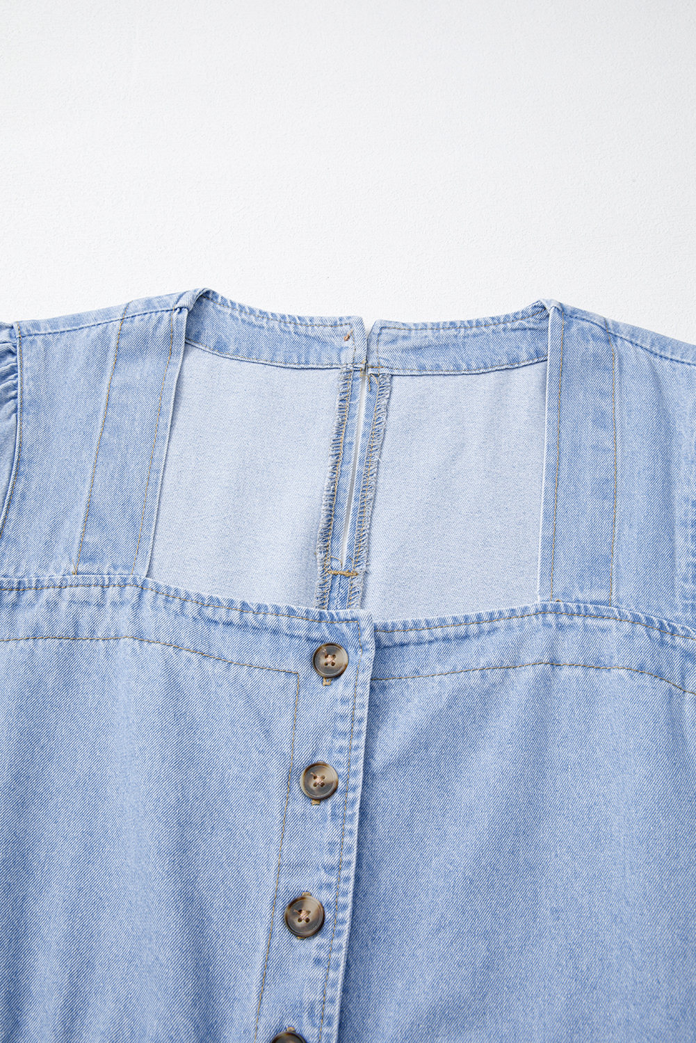 Beau Blue Denim Button Detail Babydoll Square Neck Mini Dress - Image 8