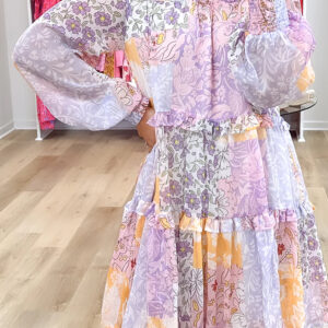 Multicolour Floral Smocked Mock Neck Ruffled Tiered Bubble Sleeve Dress