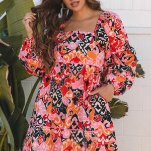 Pink Bohemian Square Neck Puff Sleeve Mini Dress