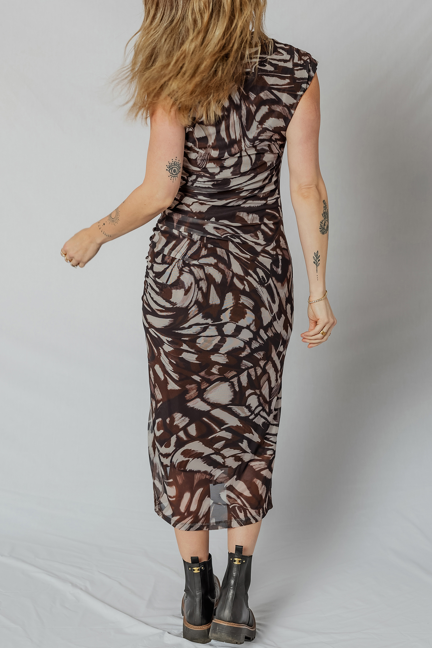 Brown Abstract Print Mesh Cowl Neck Cap Sleeve Ruched Midi Dress with Slit - Image 8