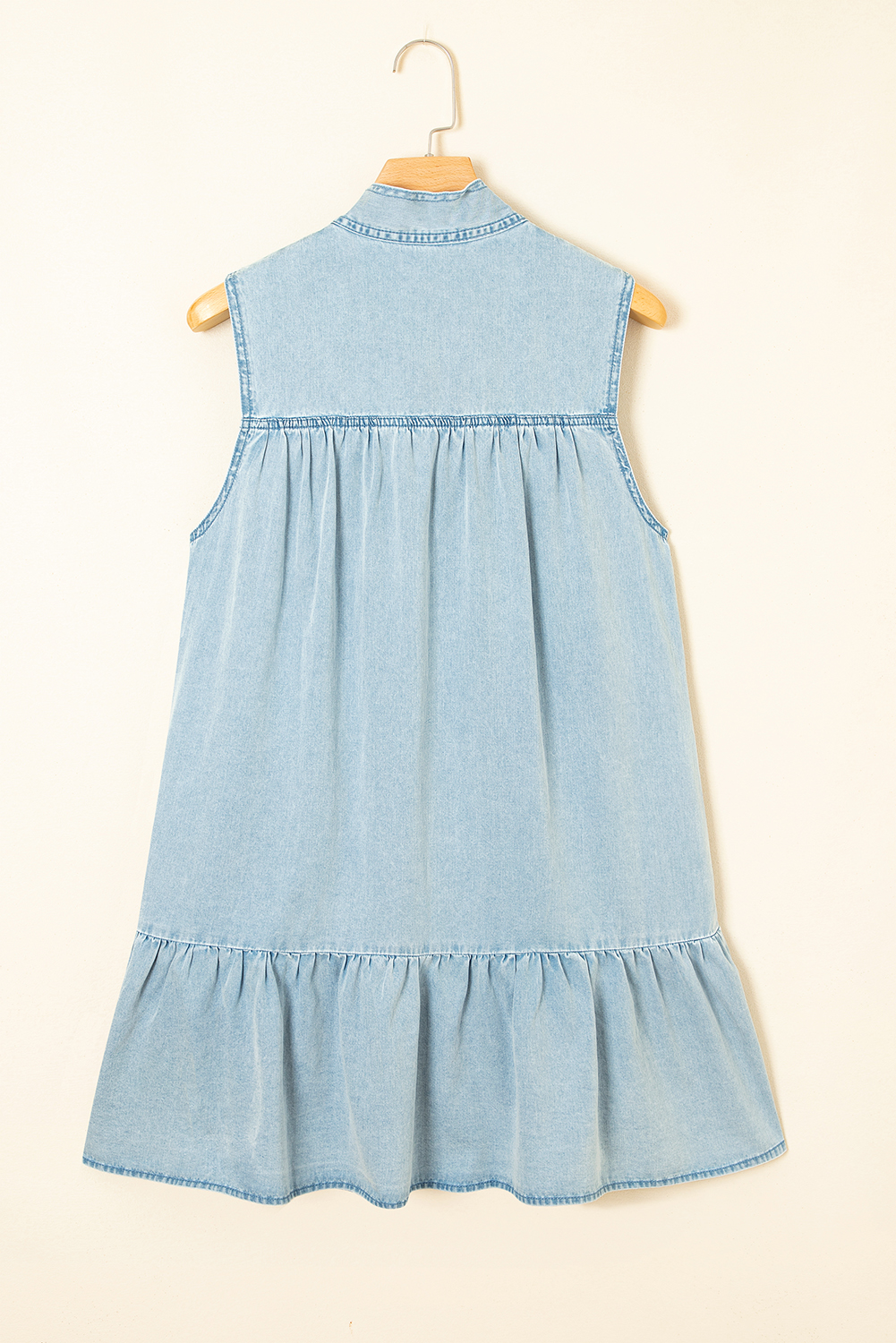 Beau Blue Bowknot Neck Sleeveless Ruffled Chambray Dress - Image 5