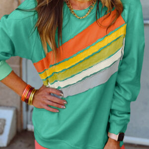 Mint Green Rainbow Colorblock Striped Pullover Sweatshirt