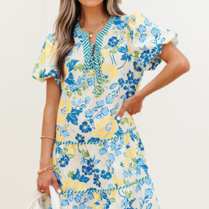 Blue Floral Striped Trim Puff Short Sleeve Dress