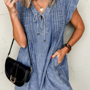 Beau Blue Tie V Neck Tucking Detail Short Sleeve Denim Shift Dress