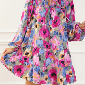 Multicolour Floral Tie Neck Bubble Sleeve Shift Dress