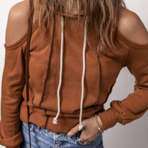Cinnamon Exposed Seam Cold Shoulder Drawstring Hoodie