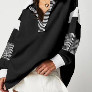 Black Striped Colorblock Patchwork Collar Sweatshirt