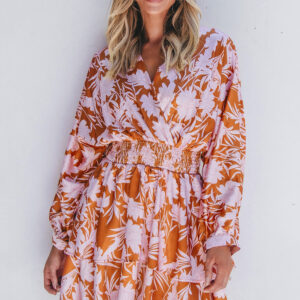 Brown Floral Puff Sleeve Smocked Waist Layered Dress