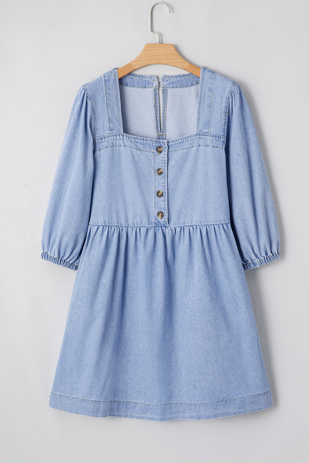 Beau Blue Denim Button Detail Babydoll Square Neck Mini Dress - Image 6