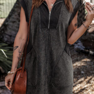 Black Quarter Zip Pocketed Cap Sleeve Sweatshirt Dress