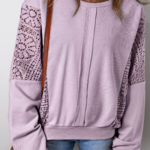Orchid Petal Knit Crochet Exposed Seam Ribbed Trim Sweatshirt