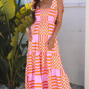 Pink Boho Gingham Tied Straps Smocked Maxi Dress
