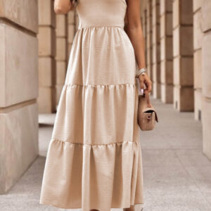 Oatmeal Crossover Backless Bodice Tiered Maxi Dress