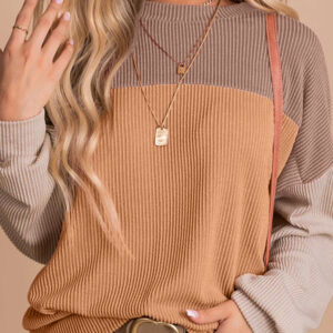 Khaki Color Block Long Sleeve Ribbed Loose Top