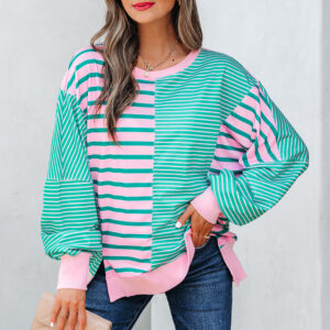 Green Stripe Mix Pattern Color Block Patchwork Side Slit Baggy Sweatshirt