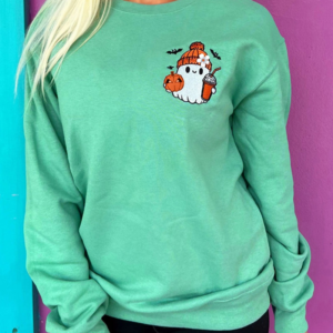 Aruba Blue Cute Halloween Ghost Embroidered Casual Sweatshirt