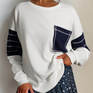 White Exposed Seam Detail Color Block Patch Pocket Drop Shoulder Sweatshirt