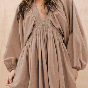 Smoke Gray Deep V Neck Bubble Sleeve Smocked Mini Dress