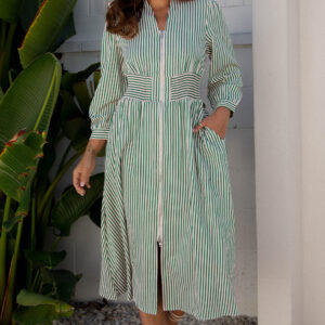 Green Stripe V Neck Zip Front Cinched High Waist Midi Dress