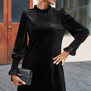 Black Velvet Frill Neck Long Sleeve Shift Dress