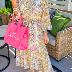 White Paisley Print Buttoned Knotted High Waist Midi Dress