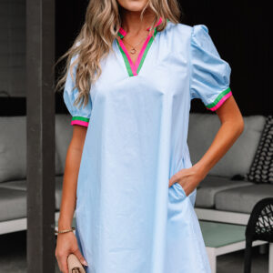 Myosotis Contrast Striped Notched V Neck Puff Sleeve Mini Dress