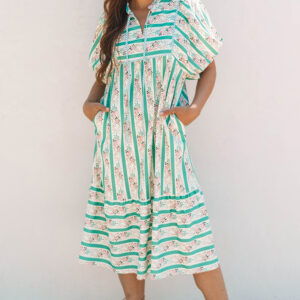 Multicolour Striped Floral Print Tie Split Neck Puff Sleeve Midi Dress