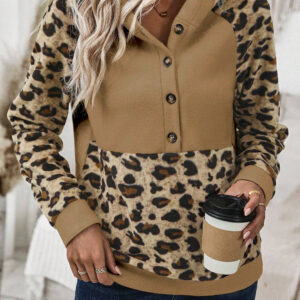Light French Beige Leopard Print Patchwork Raglan Sleeve Half Buttons Hoodie
