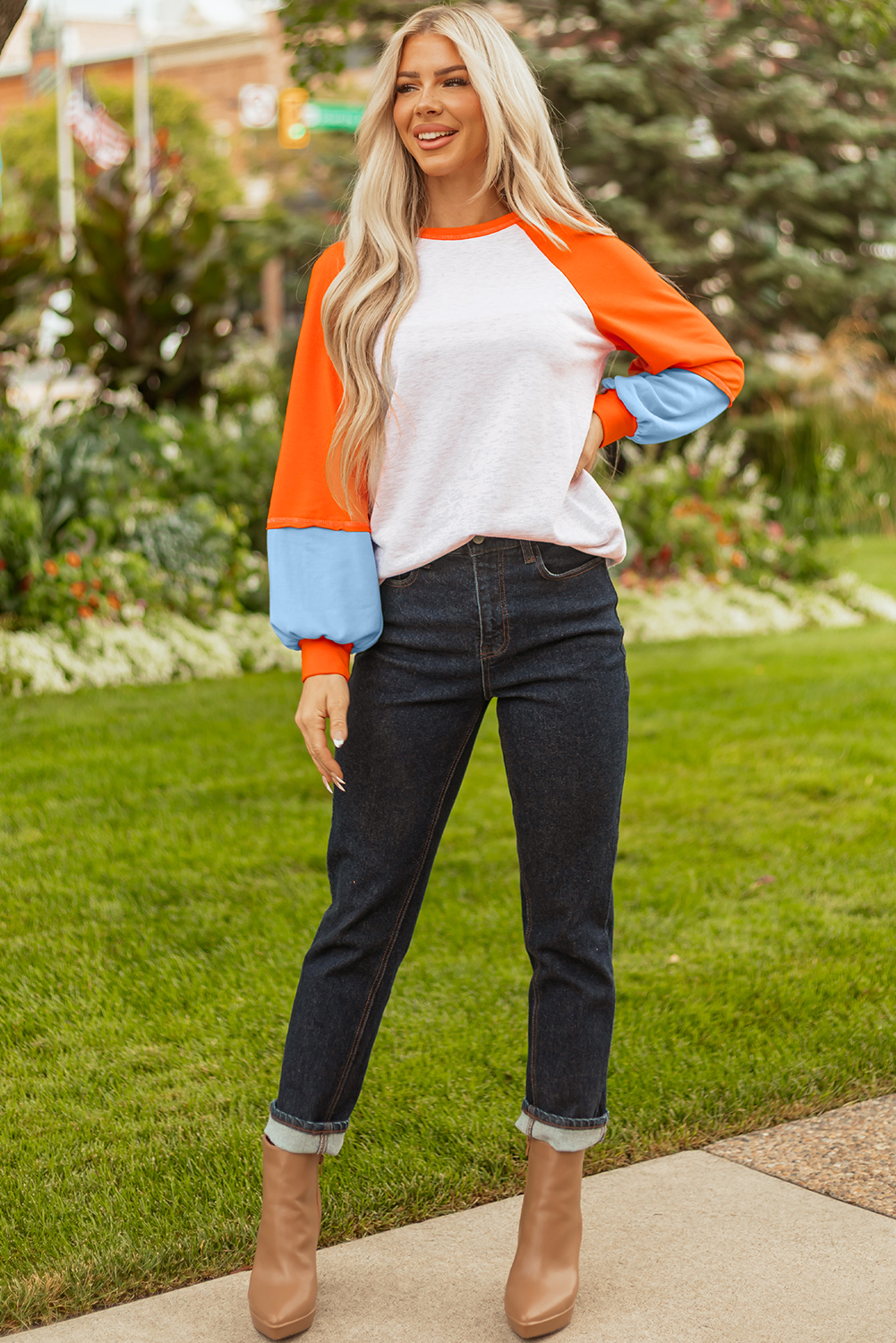 Light Grey Color Block Raglan Sleeve Contrast Stitching Loose Fit Top - Image 7
