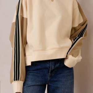 Beige Contrast Striped Patchwork Drop Shoulder Loose Sweatshirt