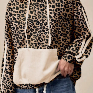 Leopard Print Waffle Contrast Kangaroo Pocket Hooded Sweatshirt