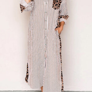 Brown Stripe Contrast Leopard Patchwork Long Shirt Dress with Slits