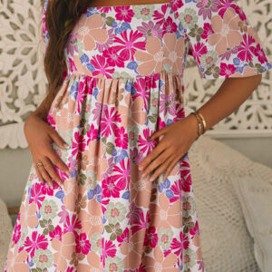 Rose Summer Floral Square Neck Puff Sleeve Babydoll Dress